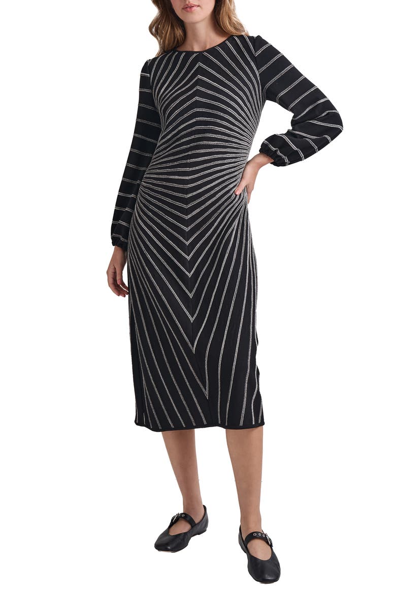 Soft Stripe Long Sleeve Melangé Knit A-Line Dress, Main, color, BLACK/ NEW IVORY