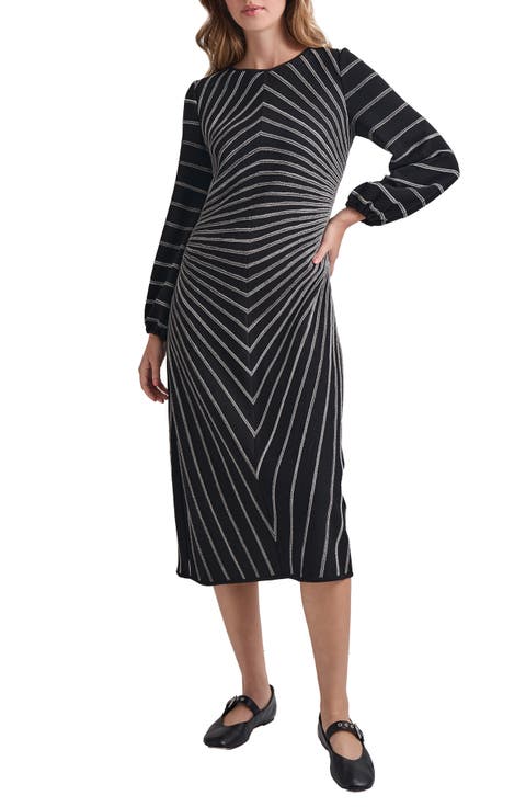 Soft Stripe Long Sleeve Melangé Knit A-Line Dress