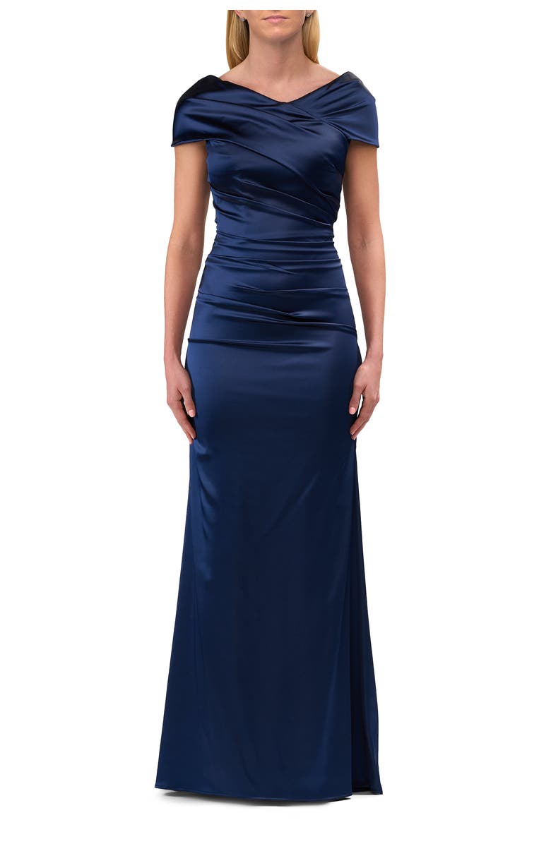 La Femme Off the Shoulder Stretch Satin Ruched Evening Gown, Main, color, Navy