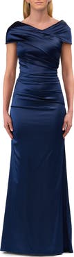 La Femme Off the Shoulder Stretch Satin Ruched Evening Gown