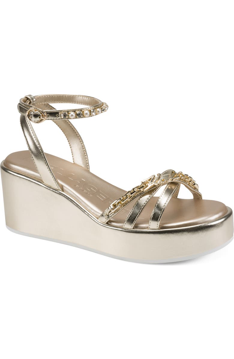 KARL LAGERFELD PARIS Clemons Ankle Strap Wedge Sandal, Main, color, White Gold
