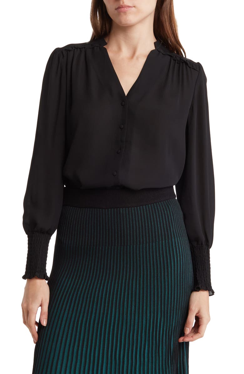 Nanette Lepore Smocked Cuff Split Neck Blouse, Main, color, 