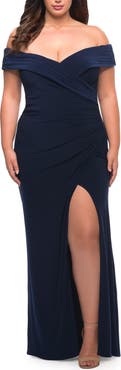 La Femme Jersey Plus Size Dress with Off the Shoulder Top