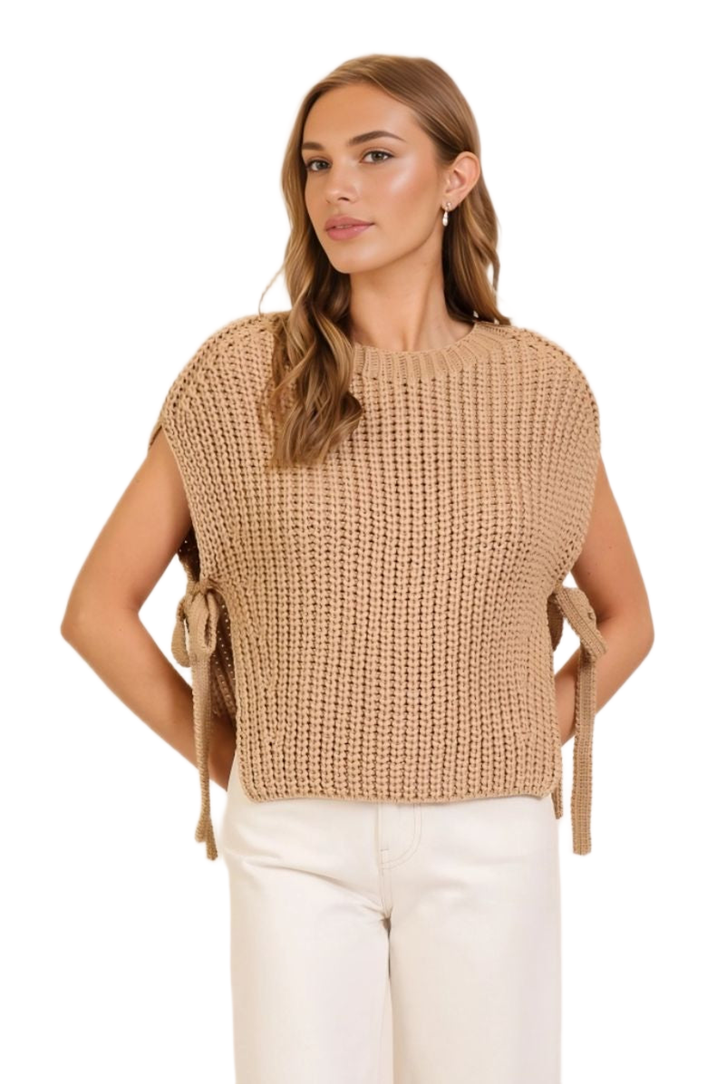 Knit and Lounge Sleeveless Knit Sweater with Side Tie Detail, Main, color, Camel