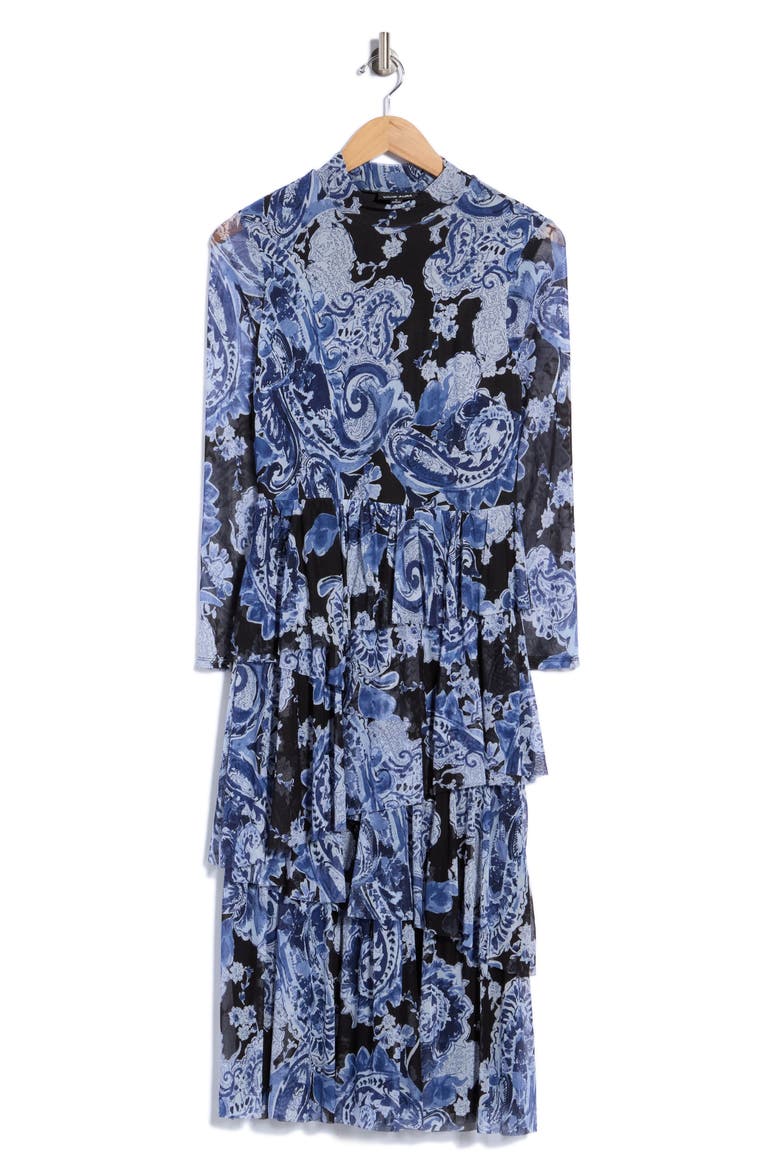 Paisley Long Sleeve Tiered Mesh Midi Dress, Alternate, color, BLK/ DEM