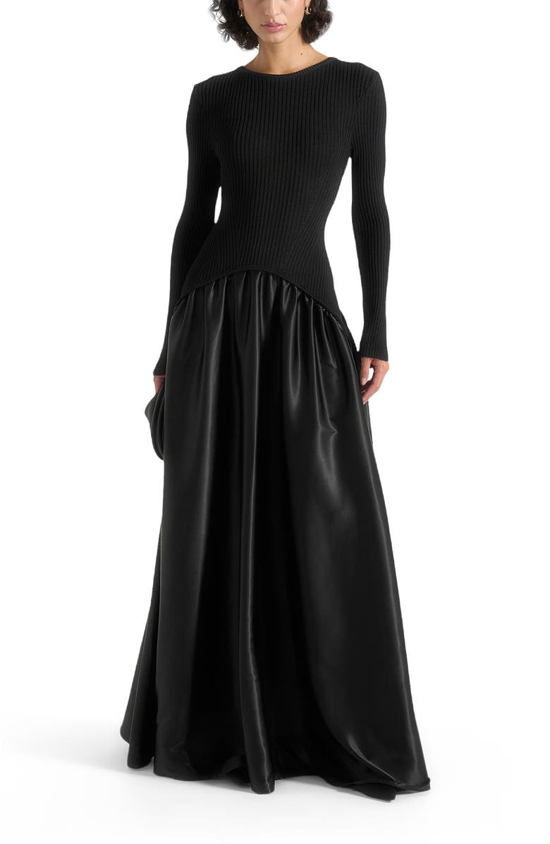 Manière De Voir Adeline Knit & Satin Curved Hem Maxi Dress, Main, color, Black