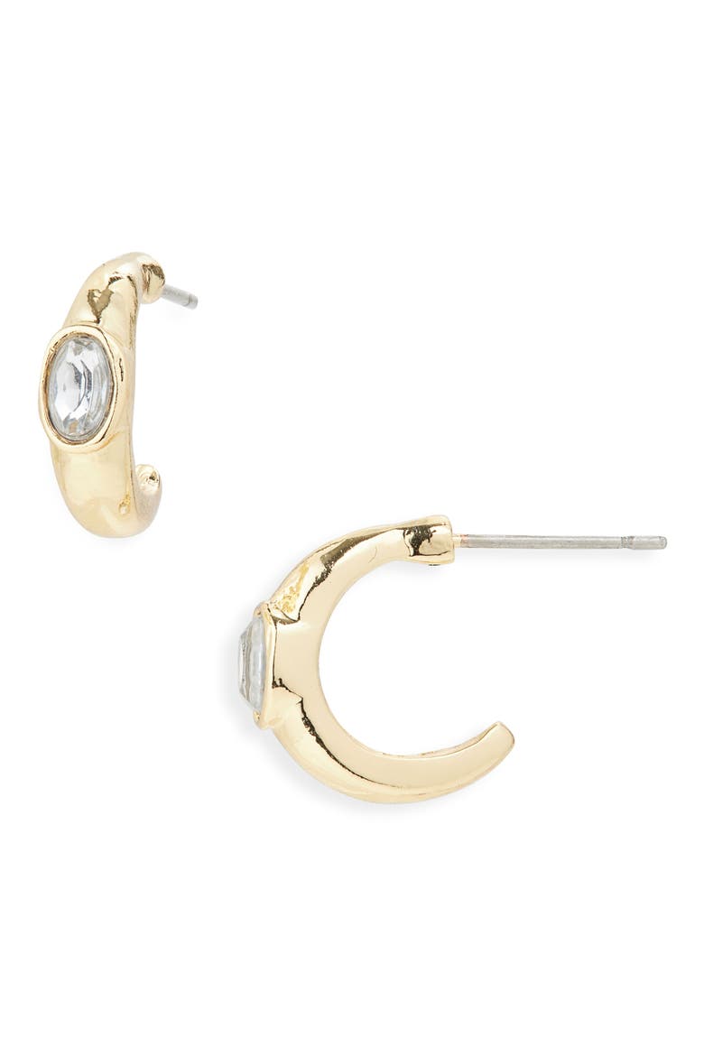 Bezel Crystal Hugggie Hoop Earrings, Main, color, GOLD
