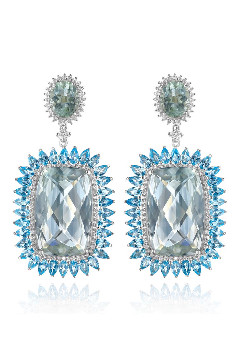14K White Gold Plated Sterling Silver Blue Topaz, White Topaz & Green Quartz Drop Earrings, Main, color, SILVER/ TOPAZ