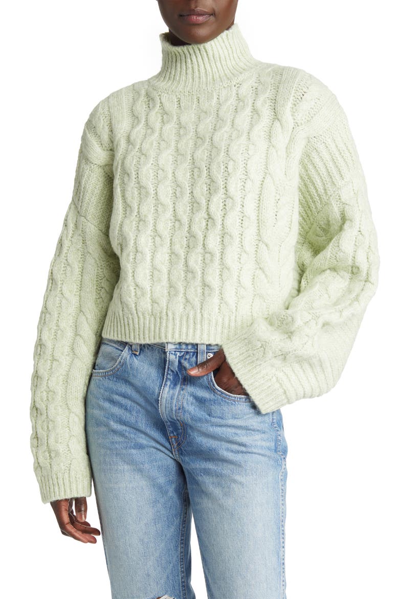 Turtleneck Cable Stitch Sweater, Main, color, LIGHT GREEN