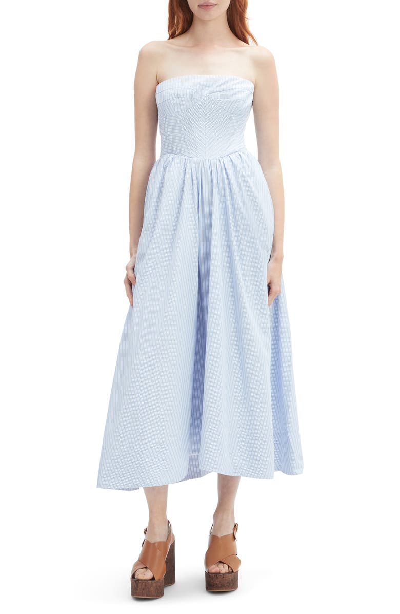 Bardot Lola Stripe Strapless Corset Midi Dress, Main, color, Blue Stripe