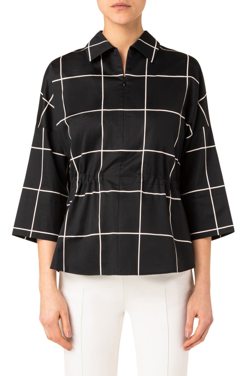 Akris punto Windowpane Drawstring Waist Cotton Sateen Blouse, Main, color,