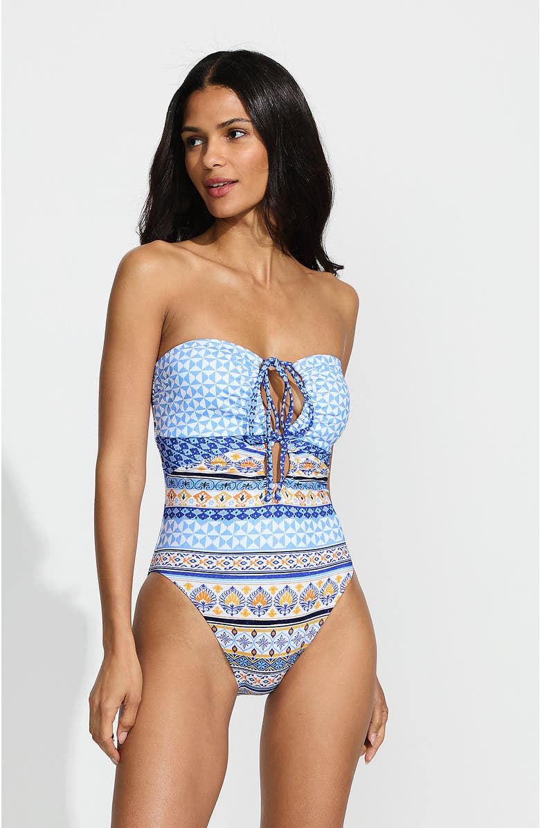Lands
 End Ruched Multi-Way V-Neck Halter High Leg One Piece Swimsuit, Main, color, White Mosaic Multi Stripe