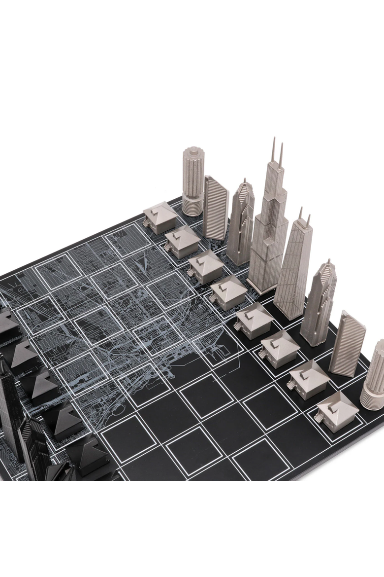 Chess Set Stainless Steel Chicago Edition with Wood Map Board, Alternate, color, Black