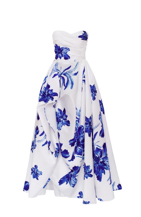 Wonderful white A-line maxi dress with blue flowers