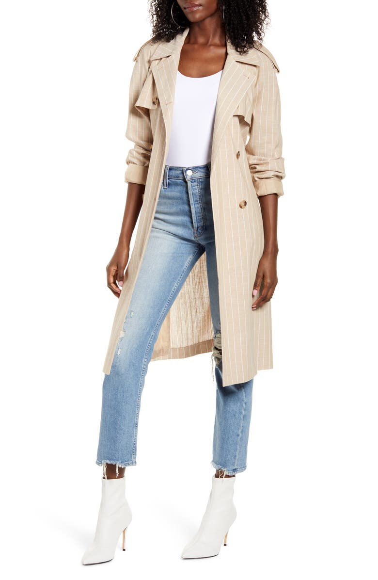 VERO MODA Poppy Kenzie Pinstripe Cotton Blend Trench Coat, Main, color,