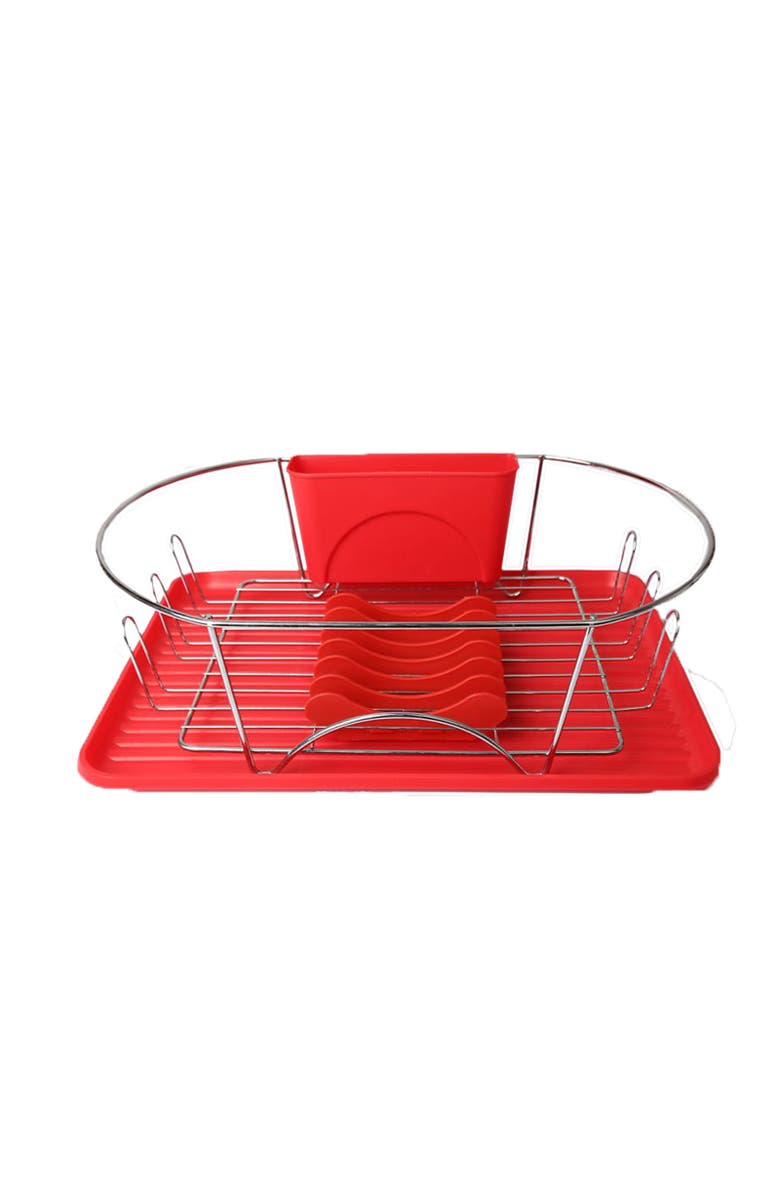 Megachef 17 Inch Dish Rack with Detachable Utensil holder and a 6 Attachable Plate Positioner, Main, color, Red