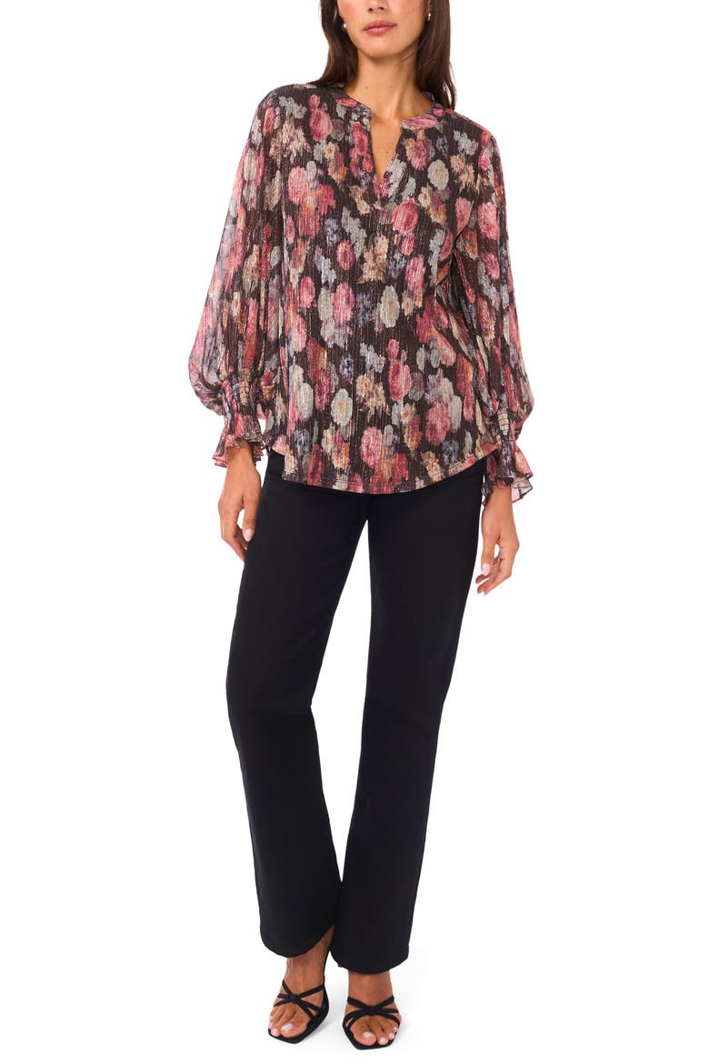 Floral V-Neck Flare Cuff Chiffon Top, Alternate, color, RICH BLACK