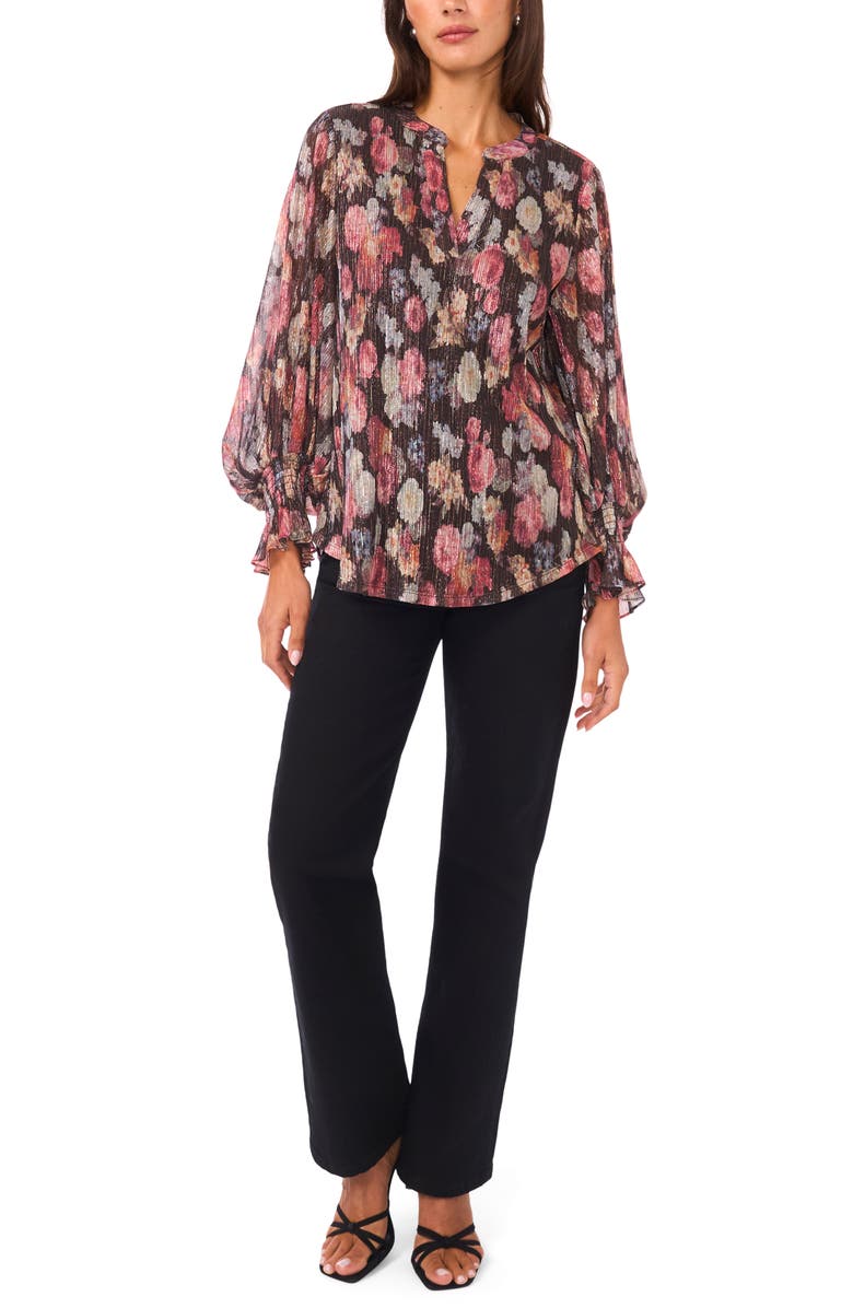 Vince Camuto Floral V-Neck Flare Cuff Chiffon Top, Alternate, color, Rich Black