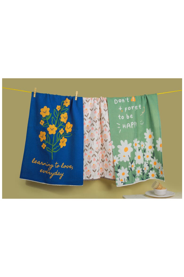 Set of Three Good Vibes Botanical Kitchen Towels, Alternate, color, ROYAL BLUE/ SAGE