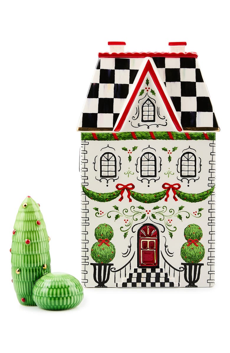 MACKENZIE CHILDS Holly Village Illuminated Ceramic Gingerbread Cottage & Shrub, Main, color, White