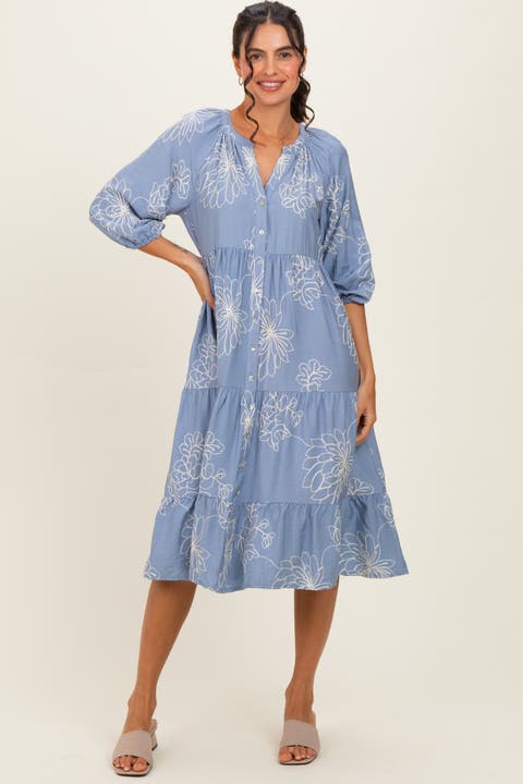 Embroidered Tiered Midi Shirt Dress