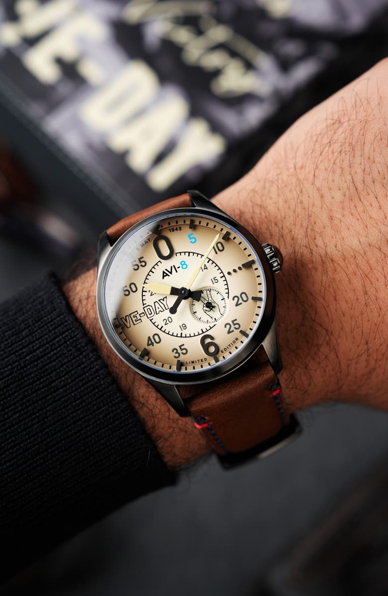 AVI-8 Spitfire Type 300 Automatic VE-Day 80th Anniversary Limited Edition Leather Strap Watch, 41mm, Alternate, color, Cream