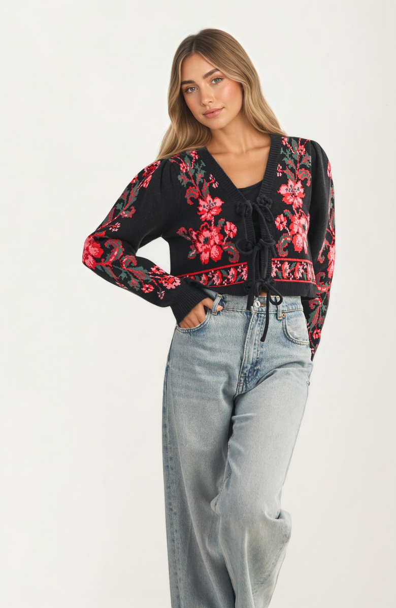 Knit and Lounge Floral Knit Tie-Front Puff-Sleeve Cardigan, Alternate, color, Black Floral