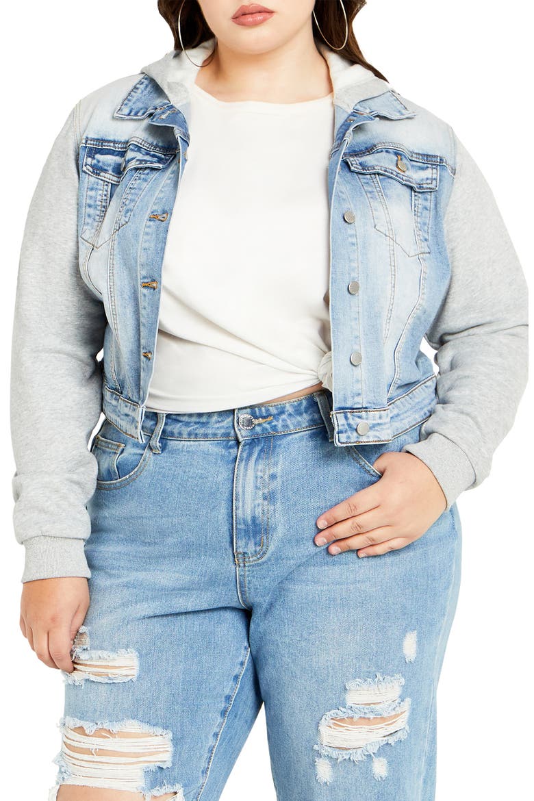 Denim & Fleece Hooded Crop Jacket, Main, color, LIGHT WASH