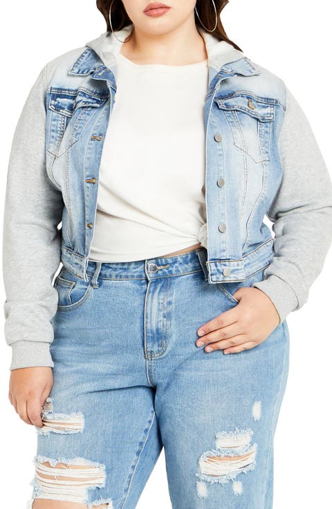 Denim & Fleece Hooded Crop Jacket (Plus)
