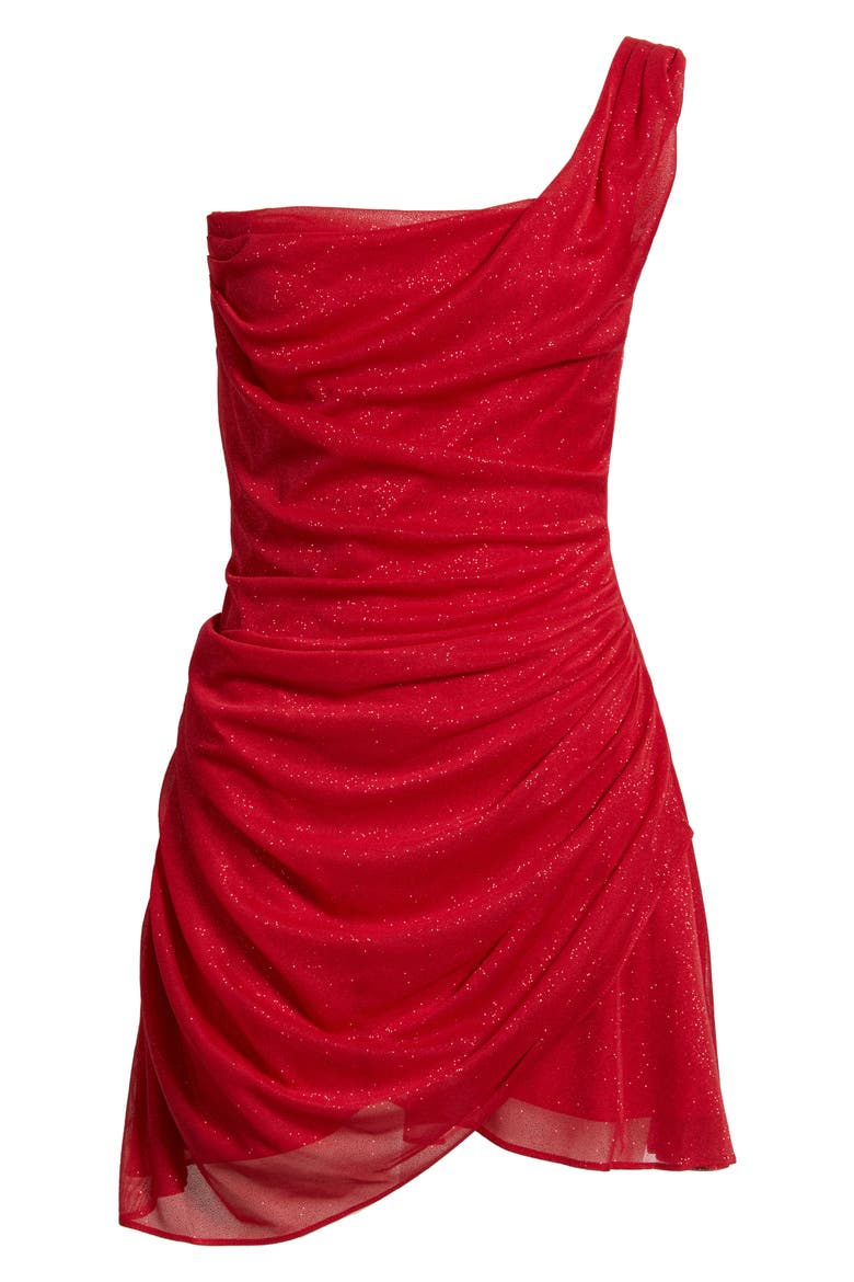 One-Shoulder Glitter Matte Jersey Cocktail Minidress, Alternate, color, RED