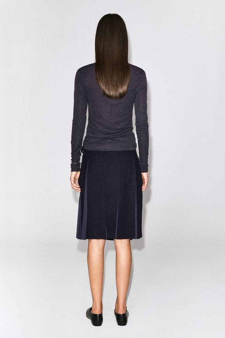Belted Pleated Wool-Blend Skirt, Alternate, color, NAVY