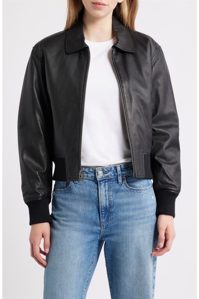 Leather Bomber Jacket, Main, color, BLACK