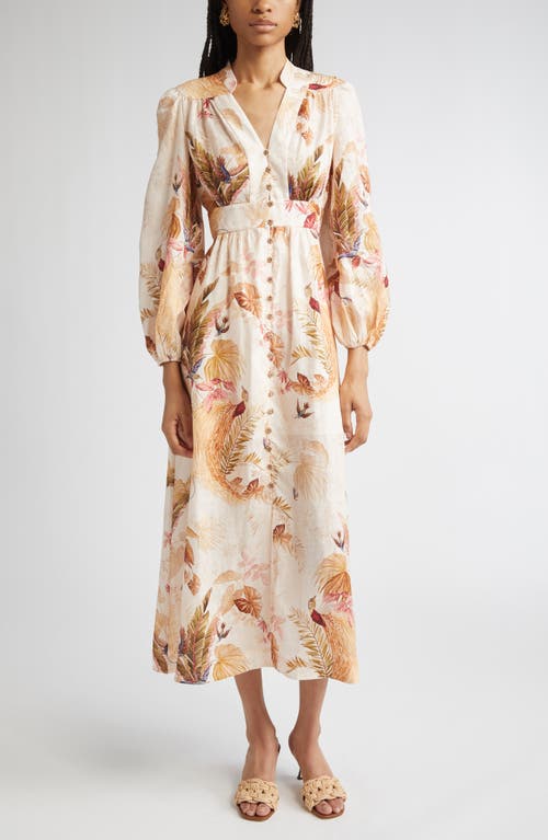 Zimmermann Womens Cream Palm Floral Ascension Plunge Linen Midi Dress