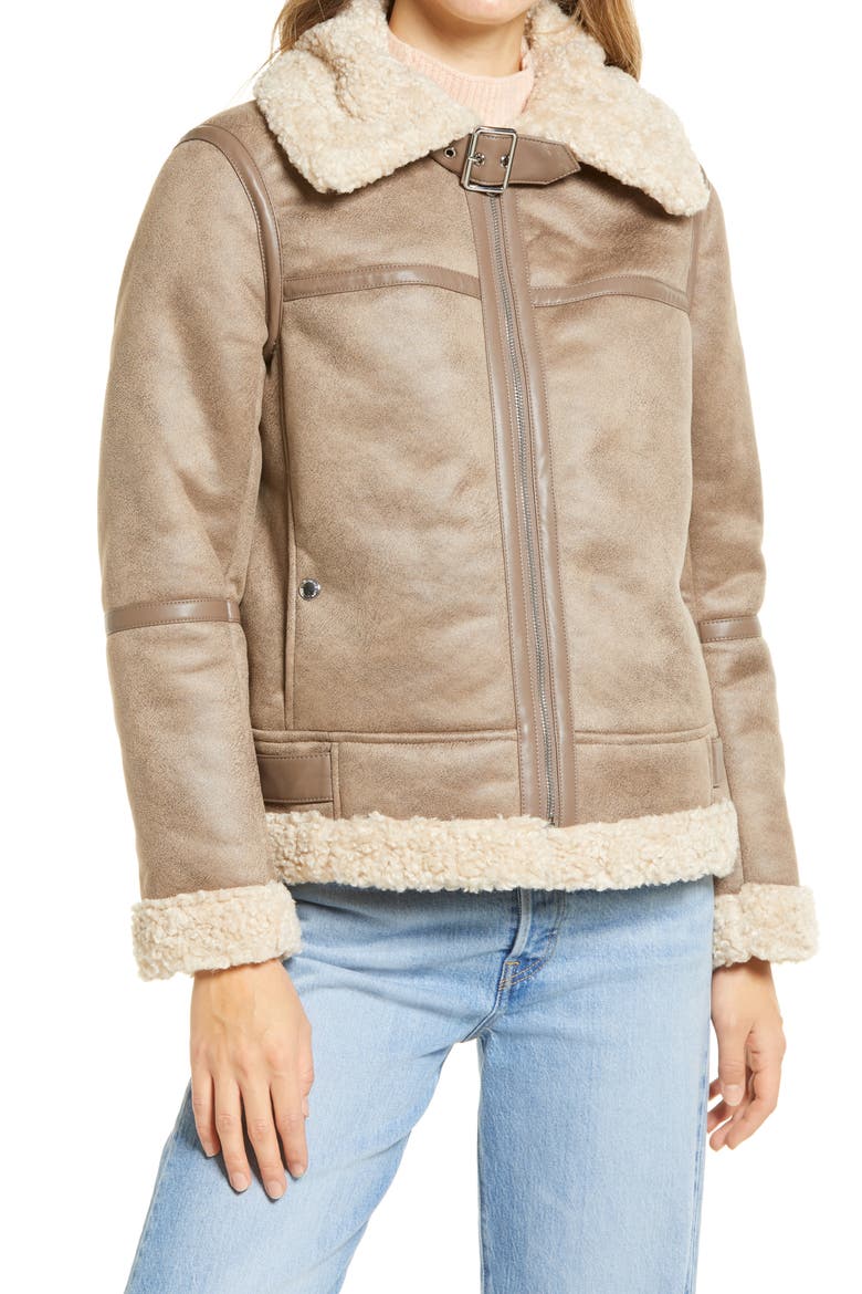 Short Faux Shearling Trim Aviator Jacket, Main, color, LT. KHAKI