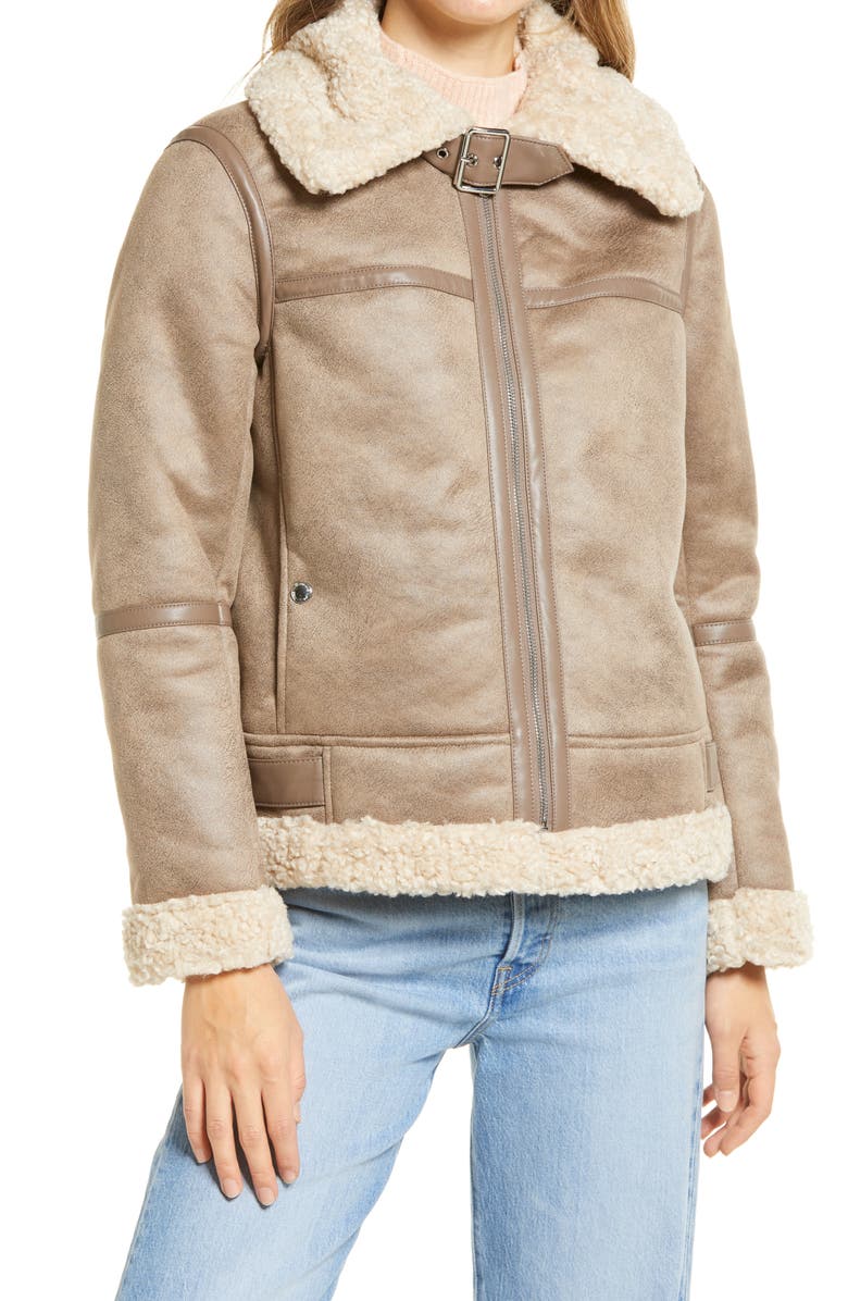 Sam Edelman Short Faux Shearling Trim Aviator Jacket, Main, color, Lt. Khaki