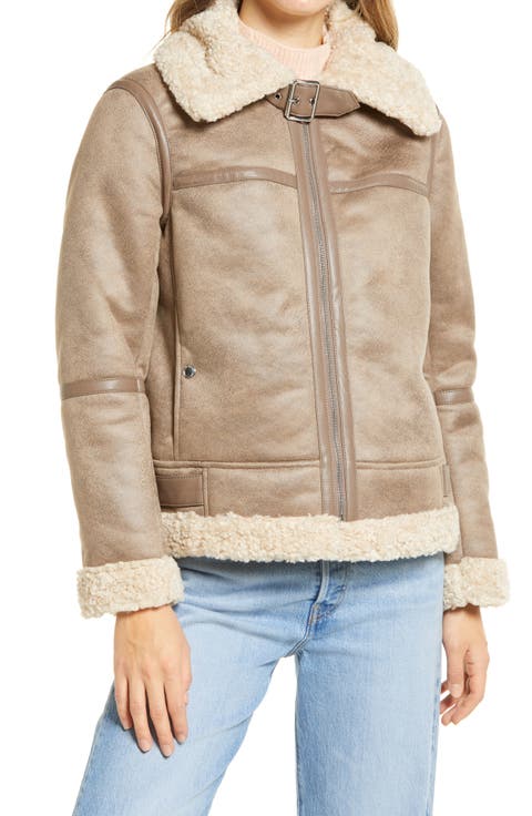 Short Faux Shearling Trim Aviator Jacket