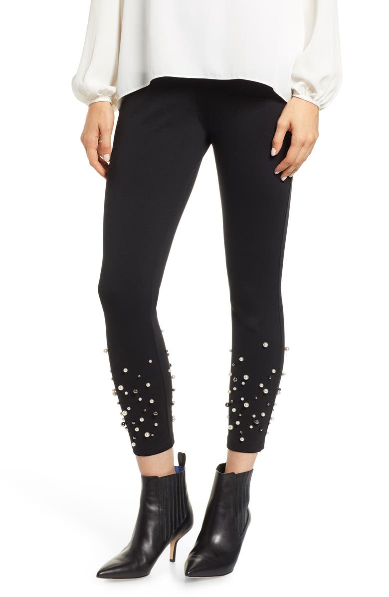 Nordstrom Imitation Pearl Embellished Leggings, Main, color, Black