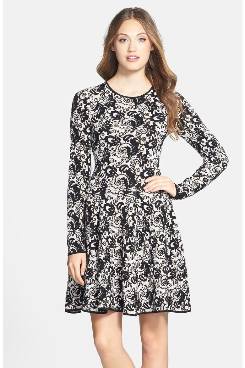 Fit & Flare Sweater Dress (Nordstrom Exclusive), Main, color, BLACK/ GOLD