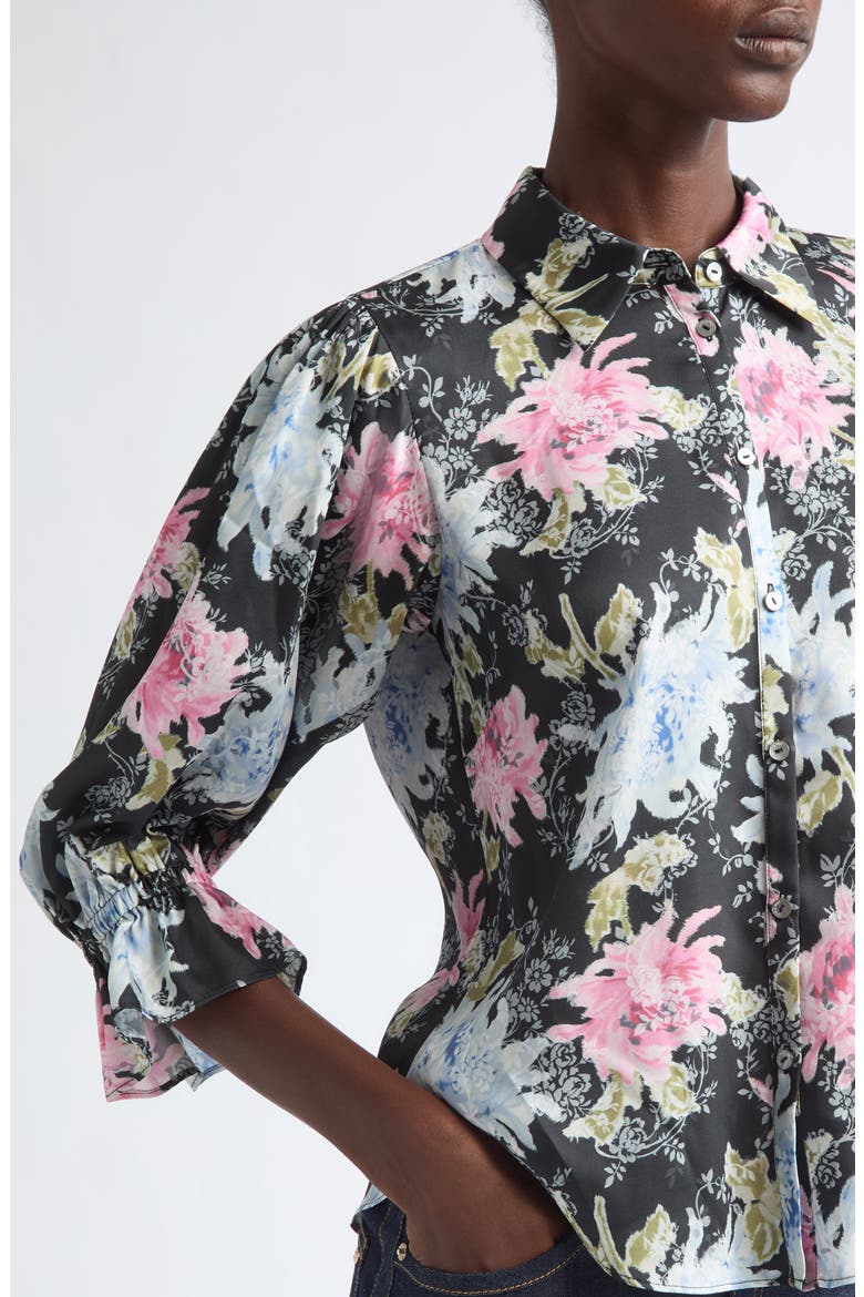 Fiona Ikat Dahlia Three-Quarter Sleeve Shirt, Alternate, color, BLACK MULTI