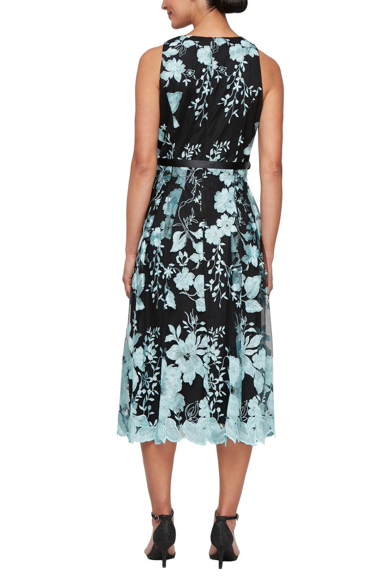 Floral Embroidered Midi Dress, Alternate, color, BLACK/ SEAFOAM