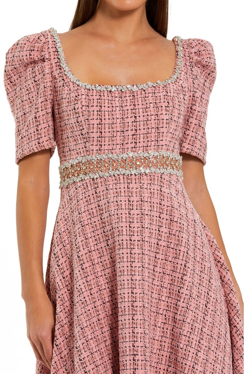 Mac Duggal Puff Sleeve Boucle Midi Dress With Beaded Belt, Alternate, color, Pink Multi