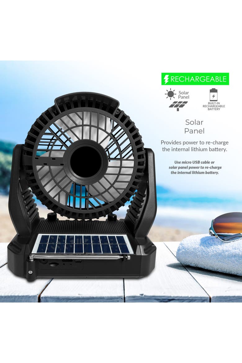 Solar Power Fan W/  Speaker, LED Flashlight, Remote, Alternate, color, Black