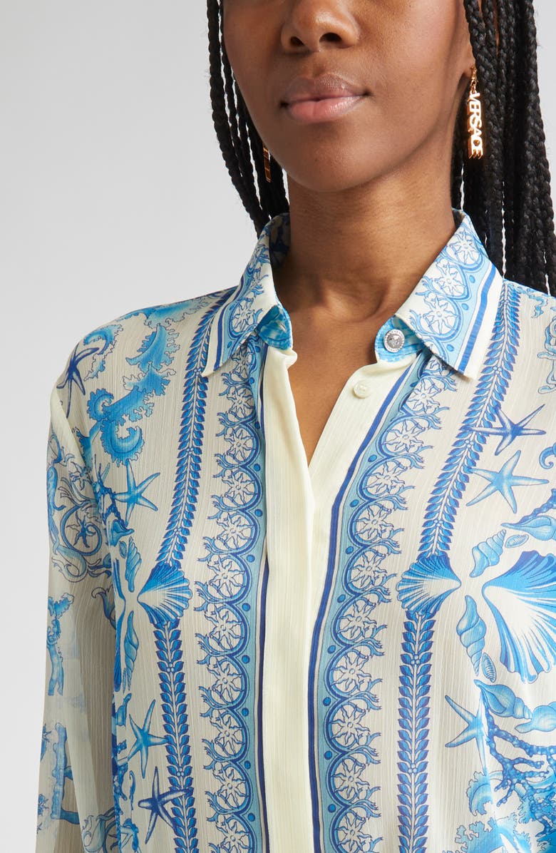 Versace Underwater Barocco Techno Crepon Button-Up Shirt, Alternate, color, Eggshell Bright Dv Blue