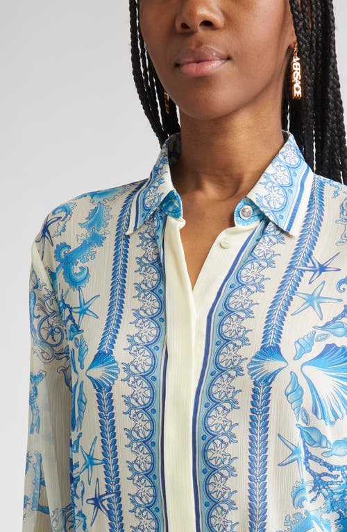 Versace Underwater Barocco Techno Crepon Button-up Shirt In Blue