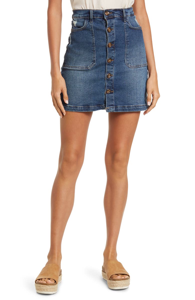 Kensie Distressed High Rise Button Front Denim Miniskirt, Main, color,