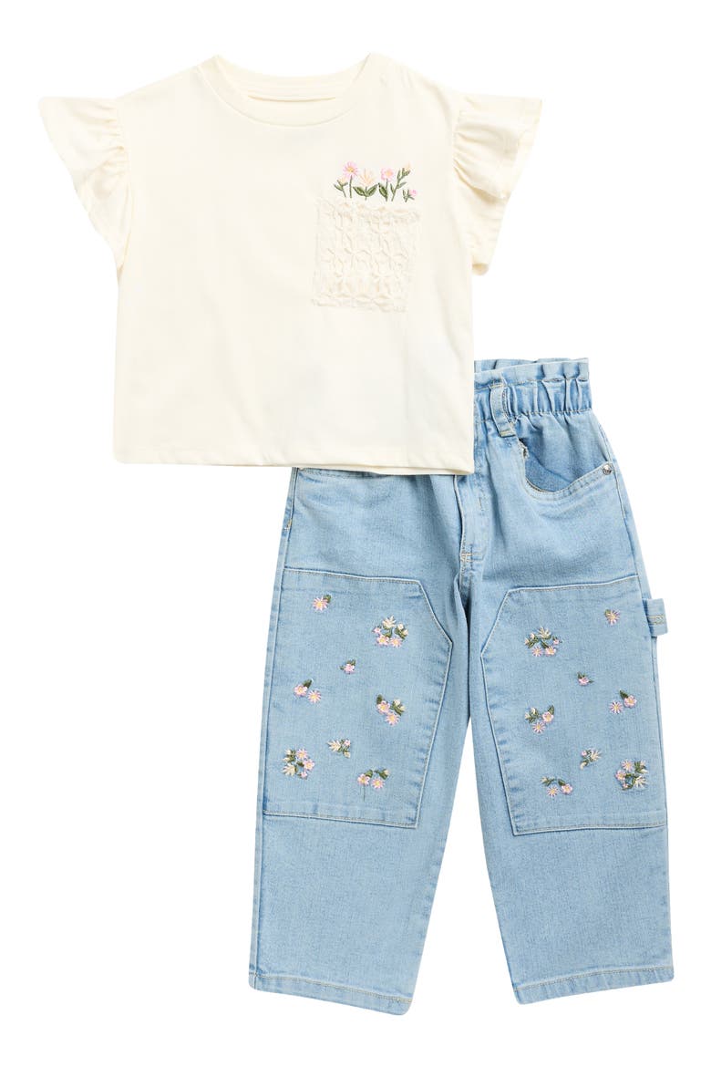 Kids' Embroidered Flower Pocket T-Shirt & Jeans, Main, color, IVORY