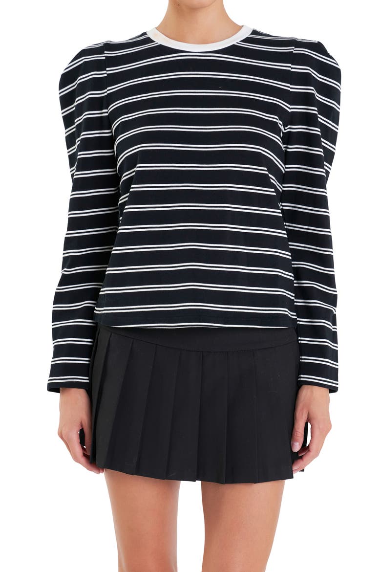 Stripe Puff Sleeve Top, Alternate, color, BLACK/ OFF WHITE