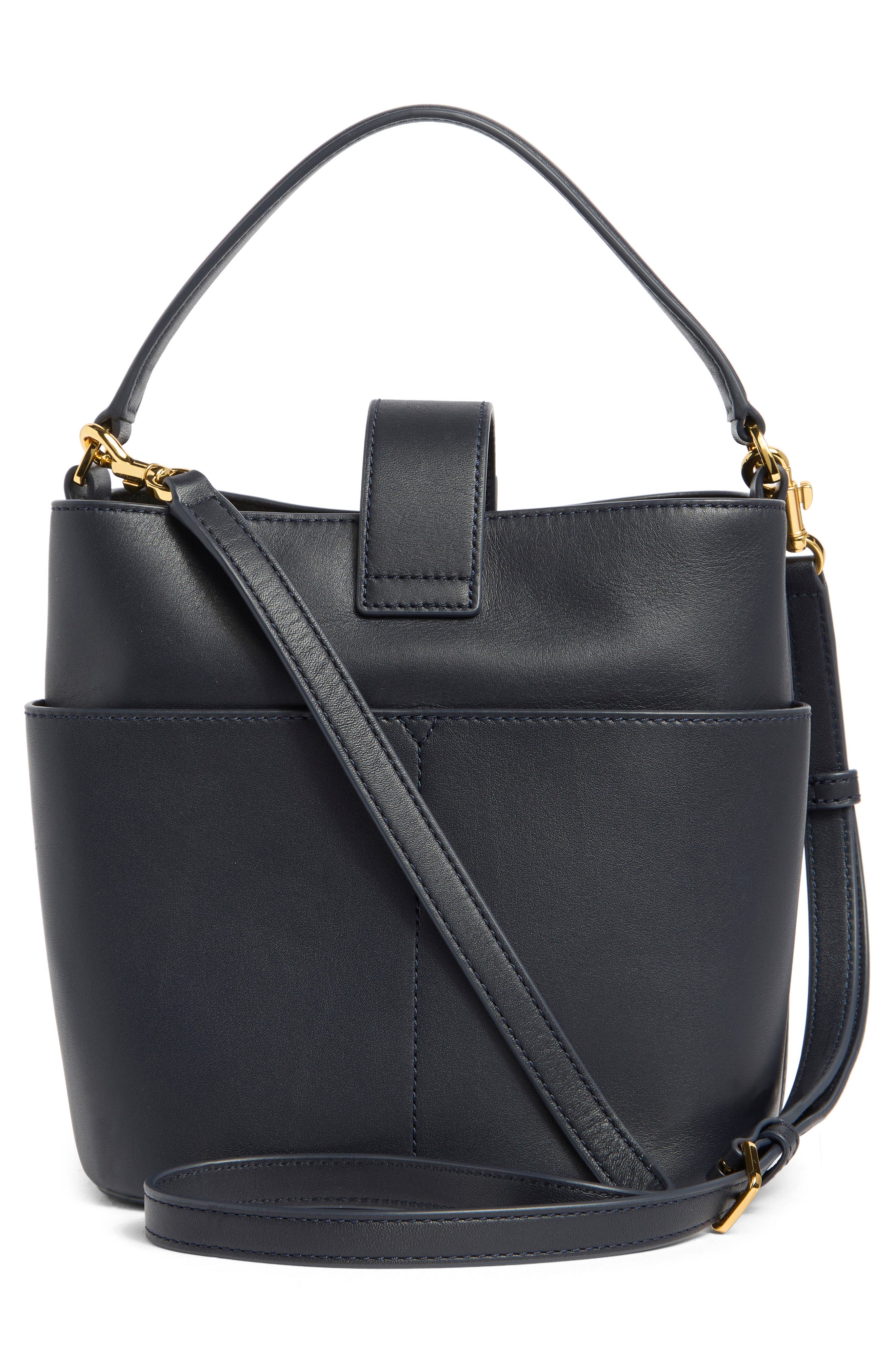 Veronica Beard The Small Crest Lock Leather Bucket Bag, Alternate, color, Navy