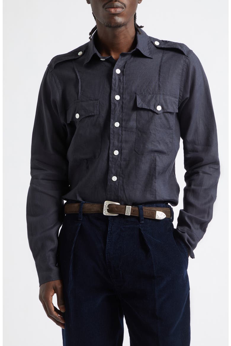 Pintuck Epaulet Linen Button-Up Shirt, Main, color, DARK NAVY