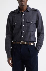 Drake's Pintuck Epaulet Linen Button-Up Shirt